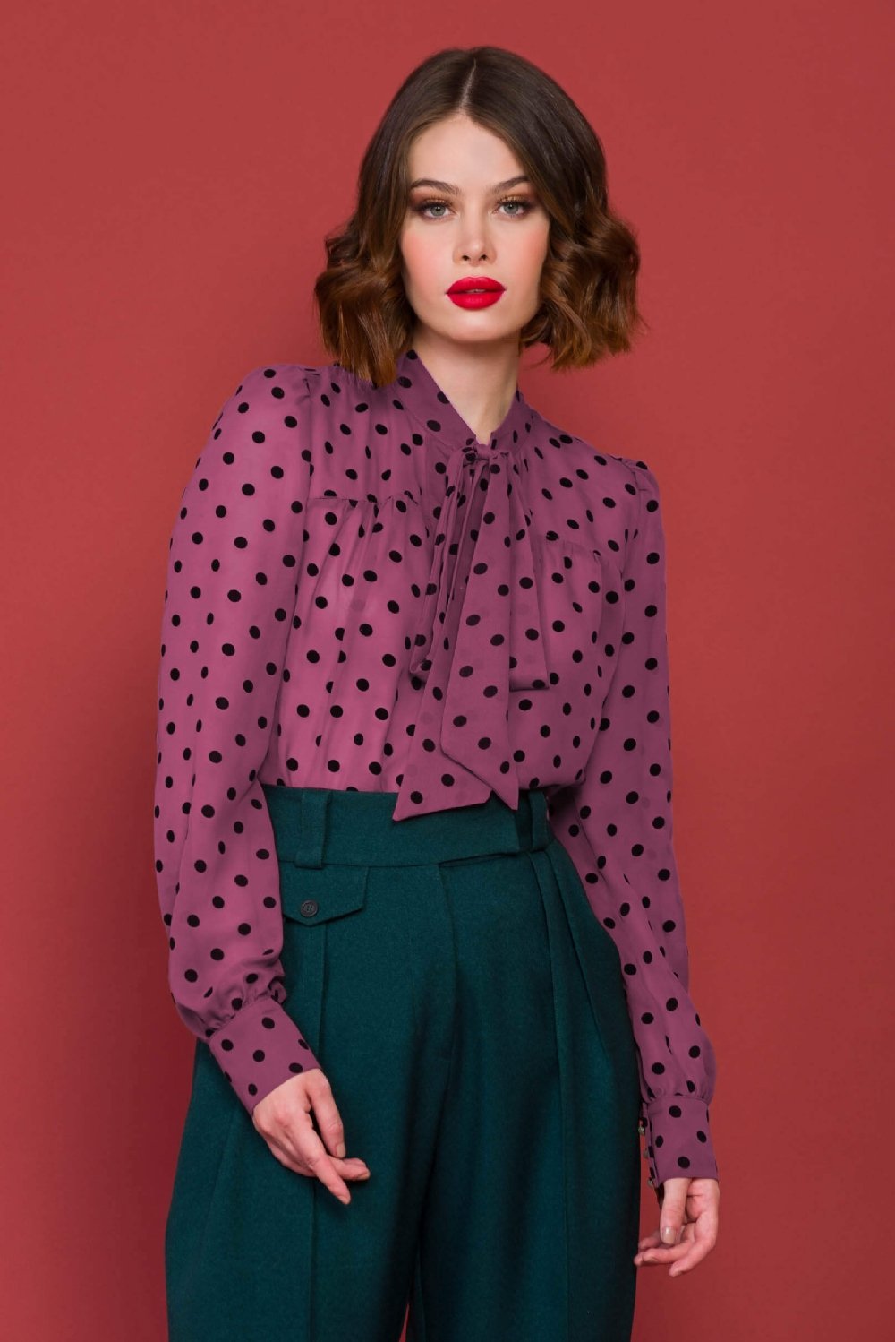 Mulher 2 peças define botão sólido blusas camisas polka dot calças